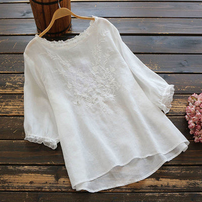 Buddha Stones Women's Flower Embroidery Design Crew Neck T-shirt Tee - White - US14，UK/AU18，EU46 (4XL) - image 2