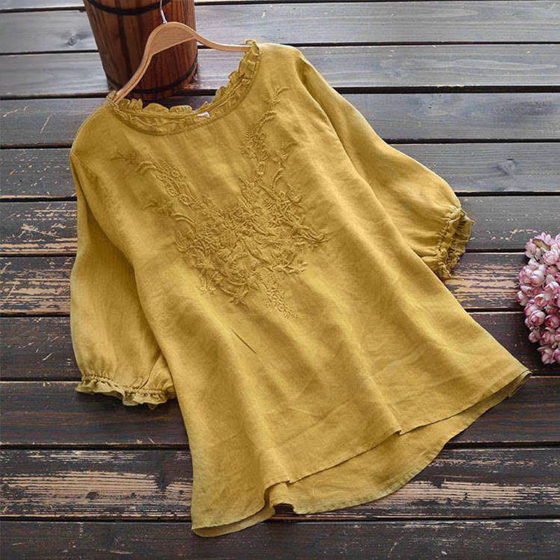 Buddha Stones Women's Flower Embroidery Design Crew Neck T-shirt Tee - LemonChiffon - US14，UK/AU18，EU46 (4XL) - image 8