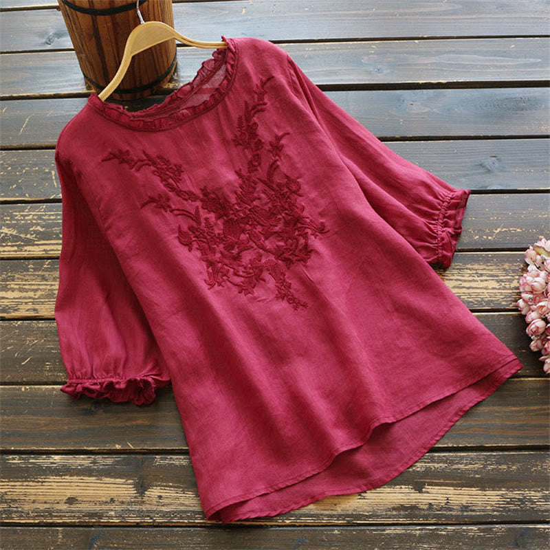 Buddha Stones Women's Flower Embroidery Design Crew Neck T-shirt Tee - LightCoral - US14，UK/AU18，EU46 (4XL) - image 6