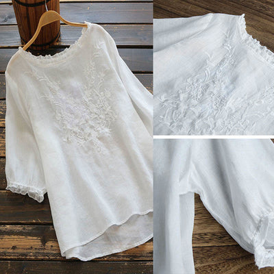 Buddha Stones Women's Flower Embroidery Design Crew Neck T-shirt Tee - image 3