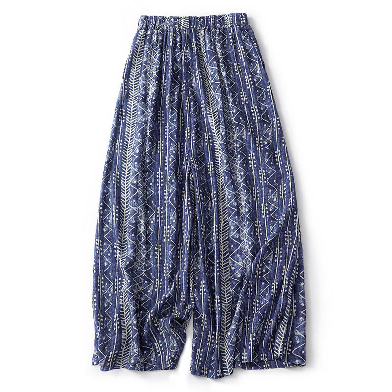 Buddha Stones Blue Stripes Print Cotton Linen Wide Leg Pants With Pockets Women's Wide Leg Pants BS 11