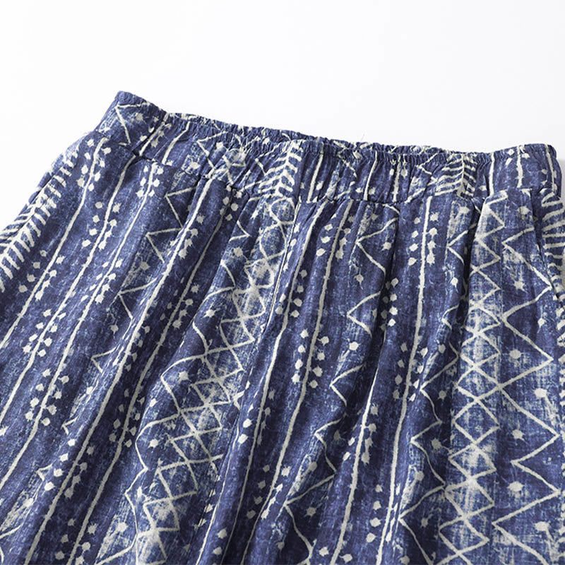 Buddha Stones Blue Stripes Print Cotton Linen Wide Leg Pants With Pockets Women's Wide Leg Pants BS 3