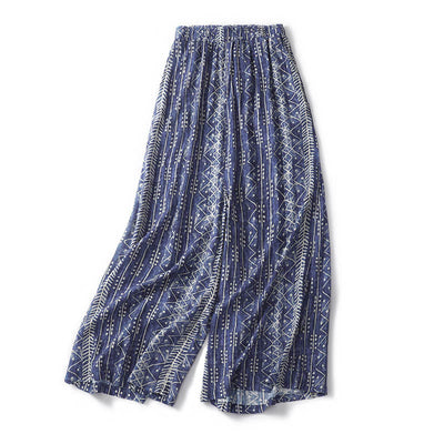 Buddha Stones Blue Stripes Print Cotton Linen Wide Leg Pants With Pockets Women's Wide Leg Pants BS 2