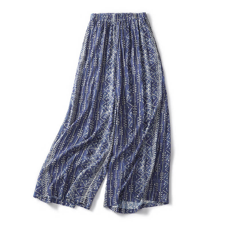Buddha Stones Blue Stripes Print Cotton Linen Wide Leg Pants With Pockets Women's Wide Leg Pants BS 2