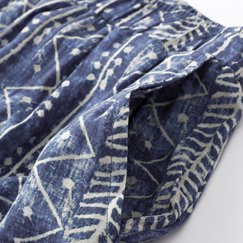Buddha Stones Blue Stripes Print Cotton Linen Wide Leg Pants With Pockets Women's Wide Leg Pants BS 5