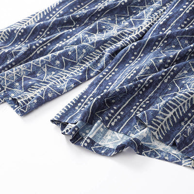 Buddha Stones Blue Stripes Print Cotton Linen Wide Leg Pants With Pockets Women's Wide Leg Pants BS 10