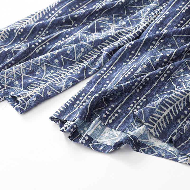 Buddha Stones Blue Stripes Print Cotton Linen Wide Leg Pants With Pockets Women's Wide Leg Pants BS 10