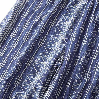 Buddha Stones Blue Stripes Print Cotton Linen Wide Leg Pants With Pockets Women's Wide Leg Pants BS 6