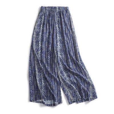 Buddha Stones Blue Stripes Print Cotton Linen Wide Leg Pants With Pockets Women's Wide Leg Pants BS 2XL(Fit for US8-10; UK/AU12-14; EU40-42)