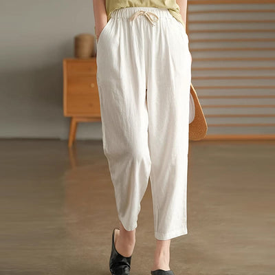 Buddha Stones Casual Women's Cotton Drawstring Harem Pants With Pockets - White - US14，UK/AU18，EU46 (4XL) - image 7
