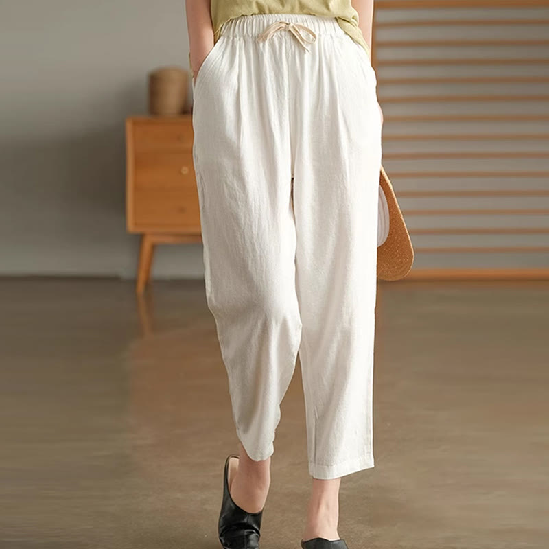Buddha Stones Casual Women's Cotton Drawstring Harem Pants With Pockets - White - US14，UK/AU18，EU46 (4XL) - image 7