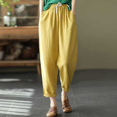 Buddha Stones Casual Women's Cotton Drawstring Harem Pants With Pockets - LemonChiffon - US14，UK/AU18，EU46 (4XL) - image 5