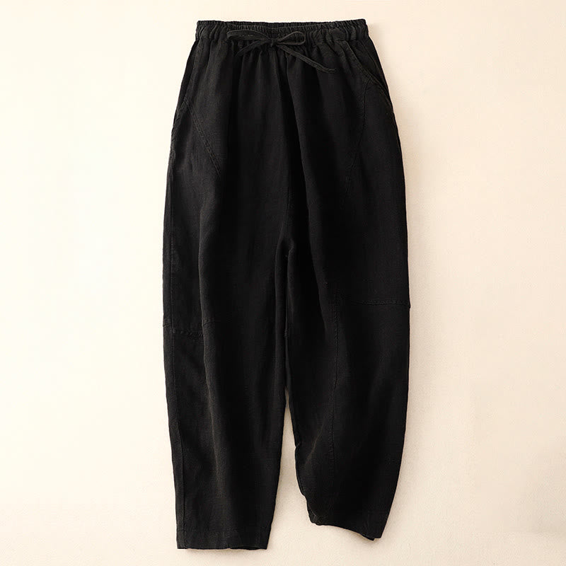 Buddha Stones Summer Women's Linen Drawstring Elastic Waist Harem Pants With Pockets - Black - US8-10，UK/AU12-14，EU40-42 (2XL) - image 8