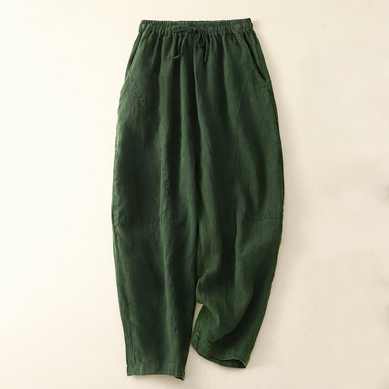 Buddha Stones Summer Women's Linen Drawstring Elastic Waist Harem Pants With Pockets - DarkSeaGreen - US8-10，UK/AU12-14，EU40-42 (2XL) - image 13