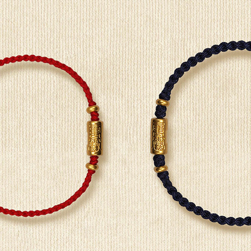 Buddha Stones 999 Gold Good Luck Amulet Carved Design Handmade Strength Braided Rope Bracelet Bracelet BS 19