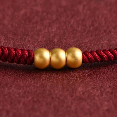 Buddha Stones 999 Gold Mini Three Beads Design Handmade Luck Rope Bracelet Anklet Bracelet BS 8