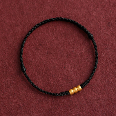 Buddha Stones 999 Gold Mini Three Beads Design Handmade Luck Rope Bracelet Anklet Bracelet BS 10