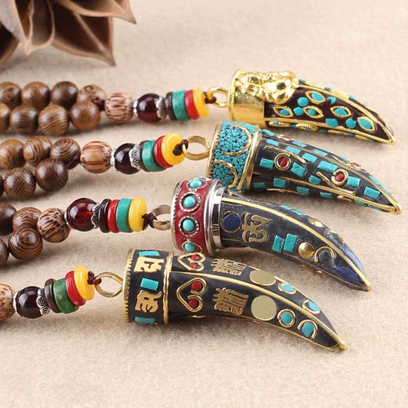 Buddha Stones Tibet Wenge Wood Om Mani Padme Hum OM Symbol Mantra Horn Pattern Protection Necklace Pendant Necklaces & Pendants BS 16