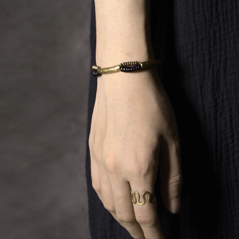 Foviel Vintage Ebony Wood Copper Luck Wealth Handmade Bracelet