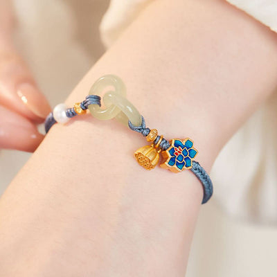 Bracelet porte-bonheur tressé avec boucle de paix en jade de Hetian Foviel motif lotus