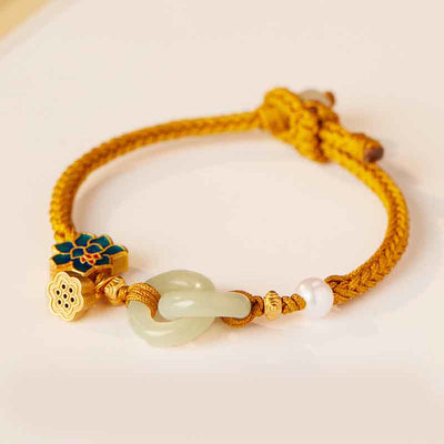 Bracelet porte-bonheur tressé avec boucle de paix en jade de Hetian Foviel motif lotus