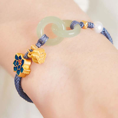 Bracelet porte-bonheur tressé avec boucle de paix en jade de Hetian Foviel motif lotus