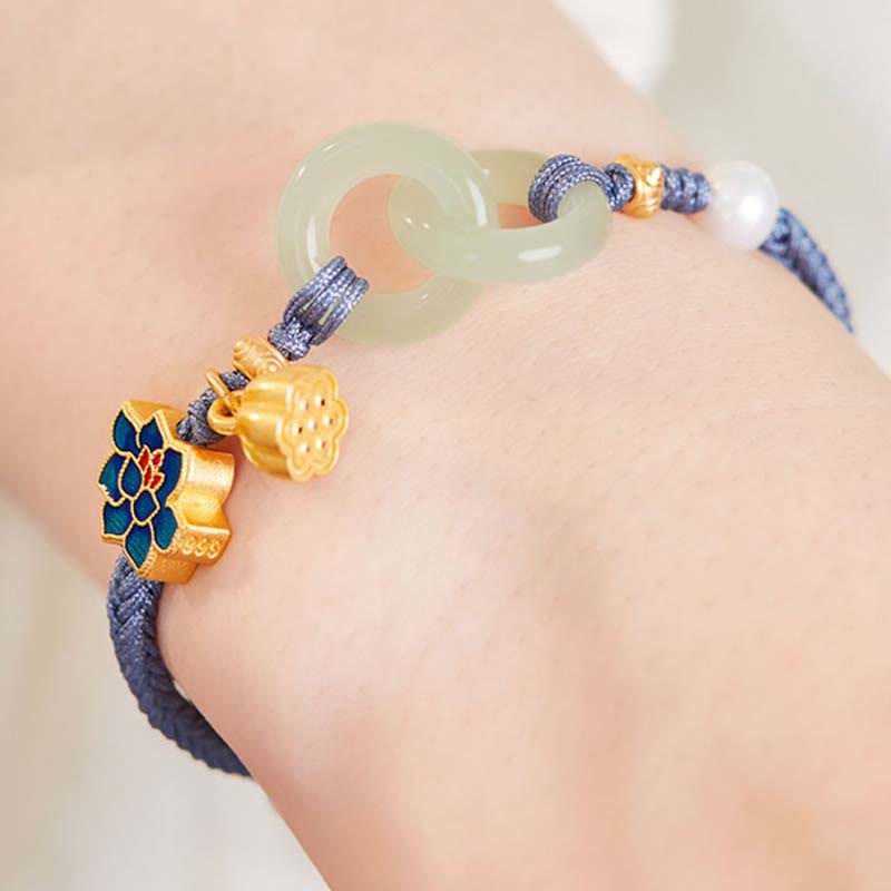 Bracelet porte-bonheur tressé avec boucle de paix en jade de Hetian Foviel motif lotus