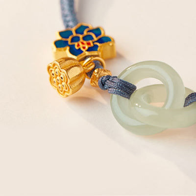Bracelet porte-bonheur tressé avec boucle de paix en jade de Hetian Foviel motif lotus
