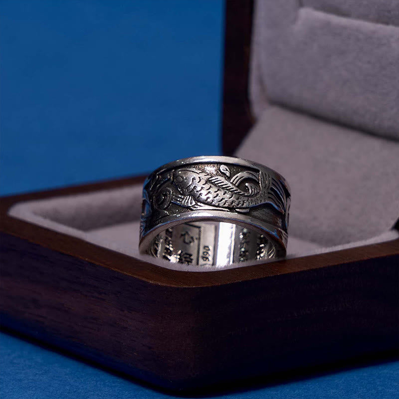 Foviel Koi Fisch Herz Sutra Geschnitzt Design Glück Reichtum Ring
