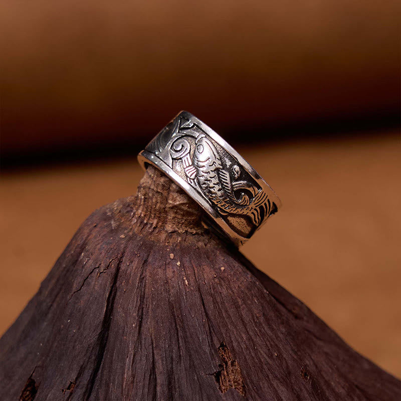 Bague Foviel motif carpe koï et Sūtra du Cœur, symbole de chance et de richesse
