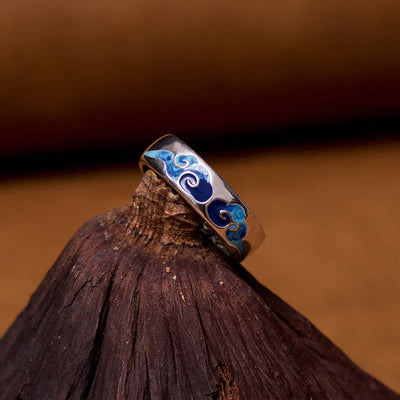 Foviel Blue Auspicious Clouds Pattern Wealth Copper Adjustable Ring