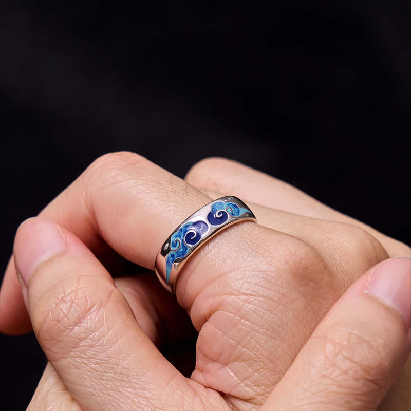 Foviel Blue Auspicious Clouds Pattern Wealth Copper Adjustable Ring