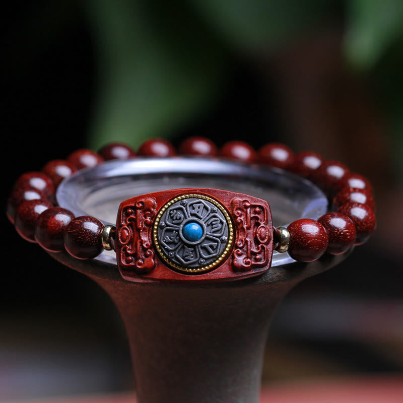Bracelet de paix Foviel à six syllabes en bois de santal rouge à petites feuilles et bois de santal vert