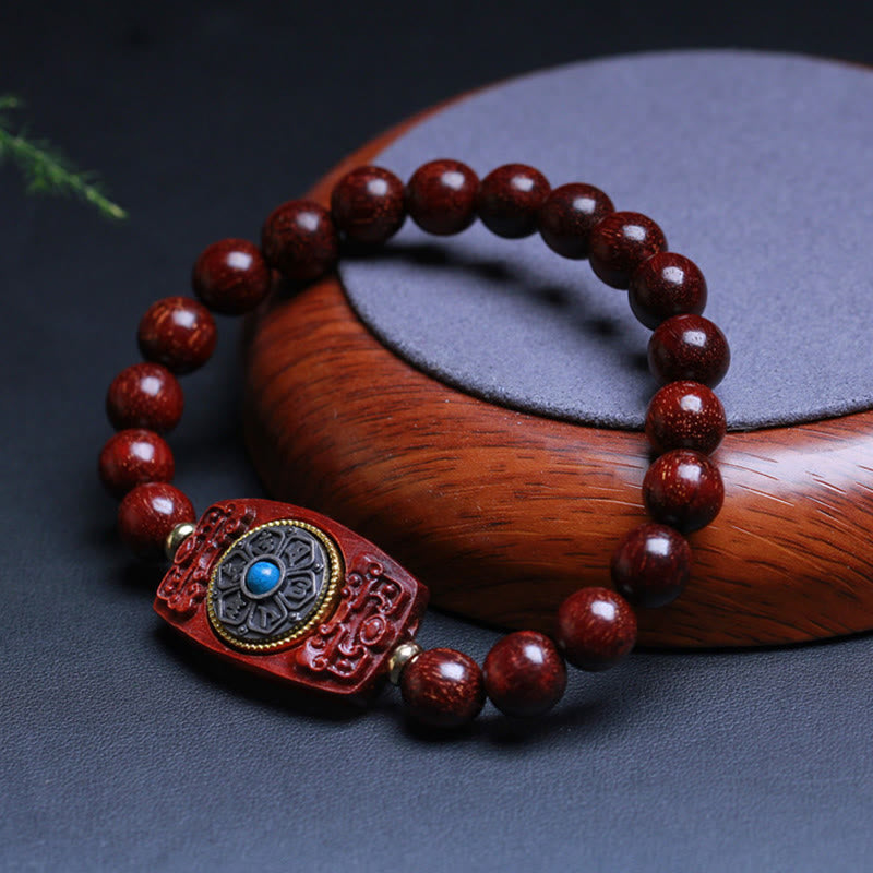 Bracelet de paix Foviel à six syllabes en bois de santal rouge à petites feuilles et bois de santal vert