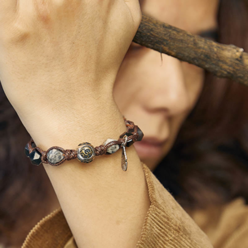 Bracelet tressé fait main à corde de transport en obsidienne argentée et argent sterling 925 Foviel Retro