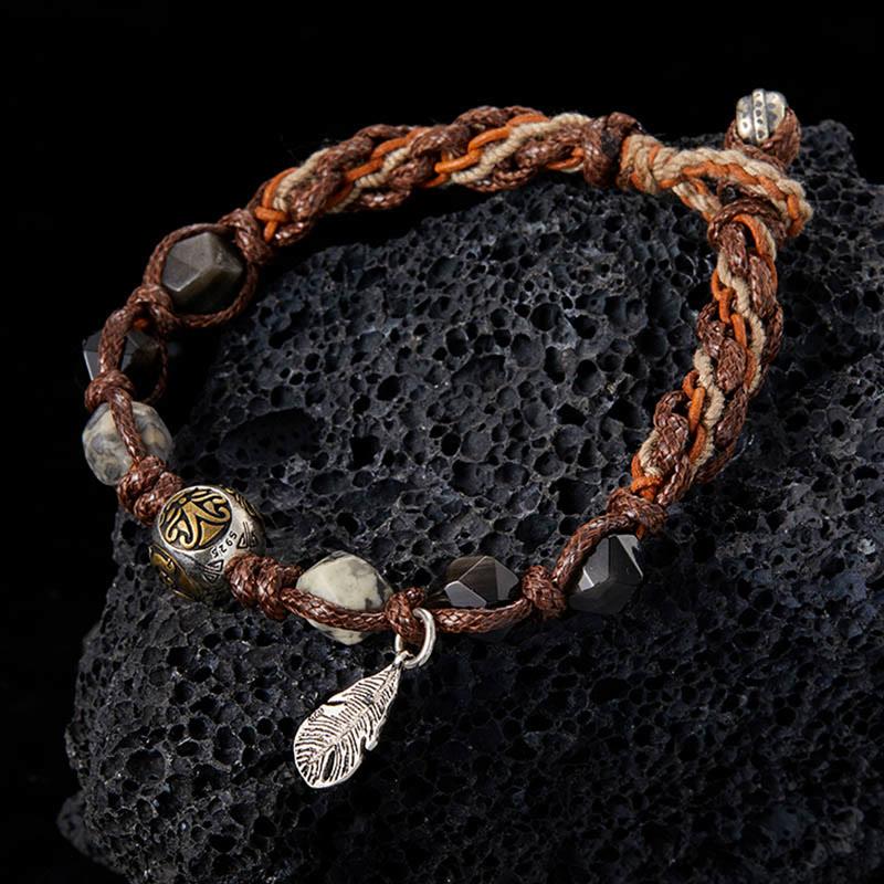 Bracelet tressé fait main à corde de transport en obsidienne argentée et argent sterling 925 Foviel Retro