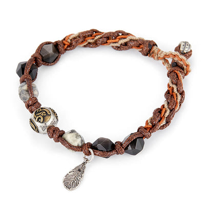 Bracelet tressé fait main à corde de transport en obsidienne argentée et argent sterling 925 Foviel Retro