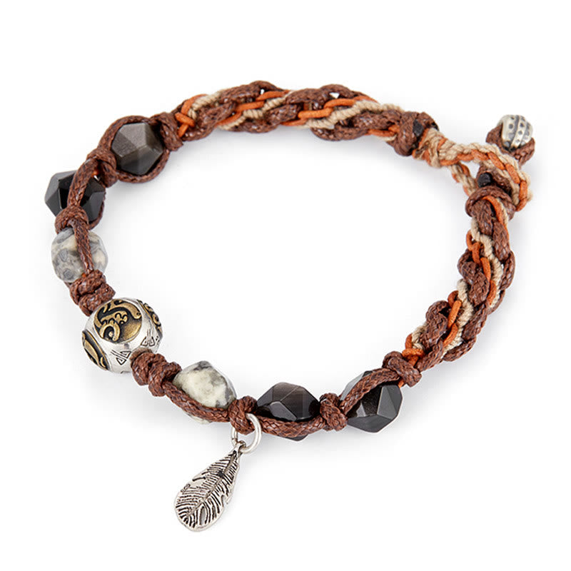Bracelet tressé fait main à corde de transport en obsidienne argentée et argent sterling 925 Foviel Retro