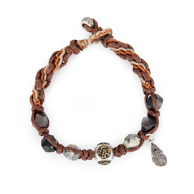 Bracelet tressé fait main à corde de transport en obsidienne argentée et argent sterling 925 Foviel Retro