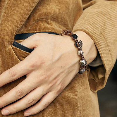 Bracelet tressé fait main à corde de transport en obsidienne argentée et argent sterling 925 Foviel Retro