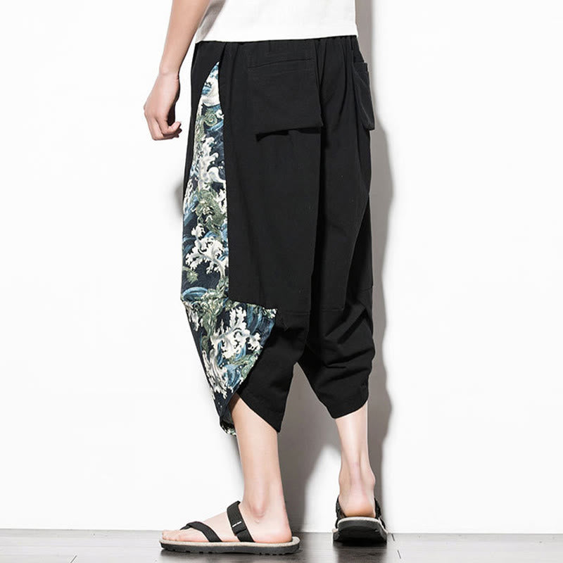 Buddha Stones Green Waves Print Cotton Men's Cropped Harem Pants With Pockets - image 2