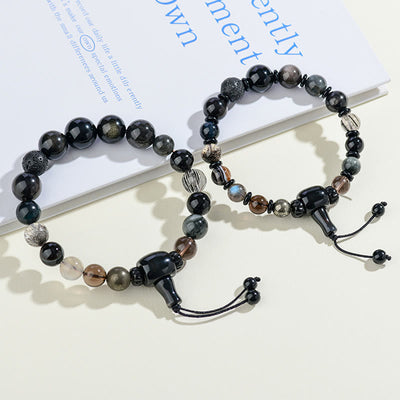 Bracelet Foviel aux cinq éléments avec diverses pierres de cristal et obsidienne noire pour la richesse et la sagesse
