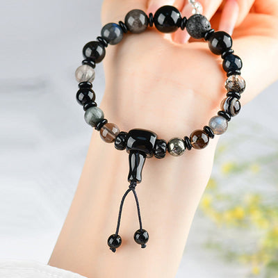 Bracelet Foviel aux cinq éléments avec diverses pierres de cristal et obsidienne noire pour la richesse et la sagesse