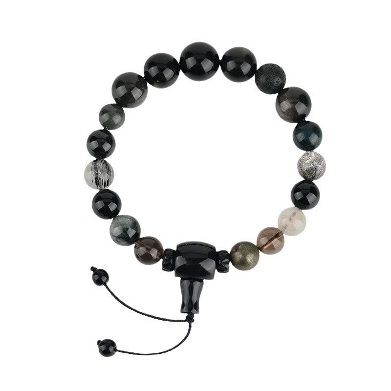 Bracelet Foviel aux cinq éléments avec diverses pierres de cristal et obsidienne noire pour la richesse et la sagesse