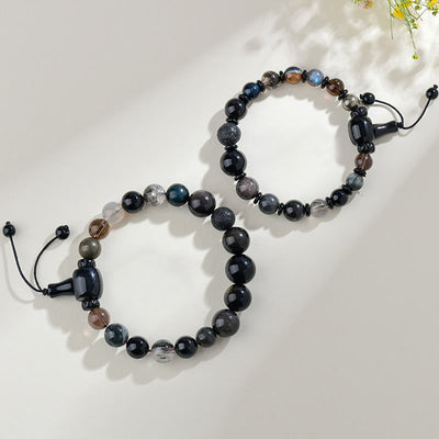 Bracelet Foviel aux cinq éléments avec diverses pierres de cristal et obsidienne noire pour la richesse et la sagesse