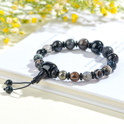 Bracelet Foviel aux cinq éléments avec diverses pierres de cristal et obsidienne noire pour la richesse et la sagesse