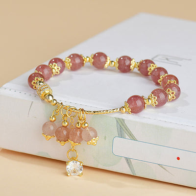 Bracelet de guérison en quartz fraise naturel Foviel avec zircon, énergie positive