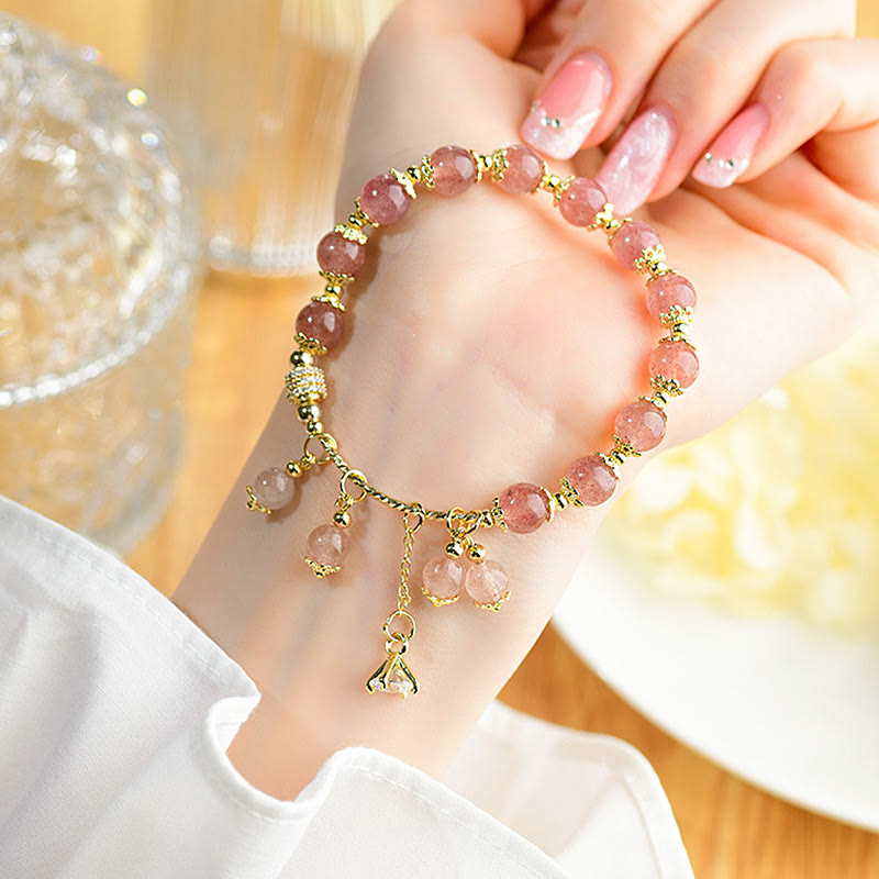 Bracelet de guérison en quartz fraise naturel Foviel avec zircon, énergie positive