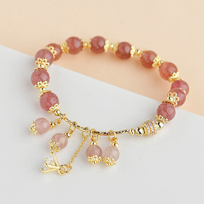 Bracelet de guérison en quartz fraise naturel Foviel avec zircon, énergie positive