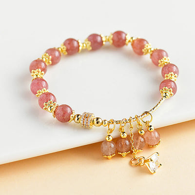 Bracelet de guérison en quartz fraise naturel Foviel avec zircon, énergie positive